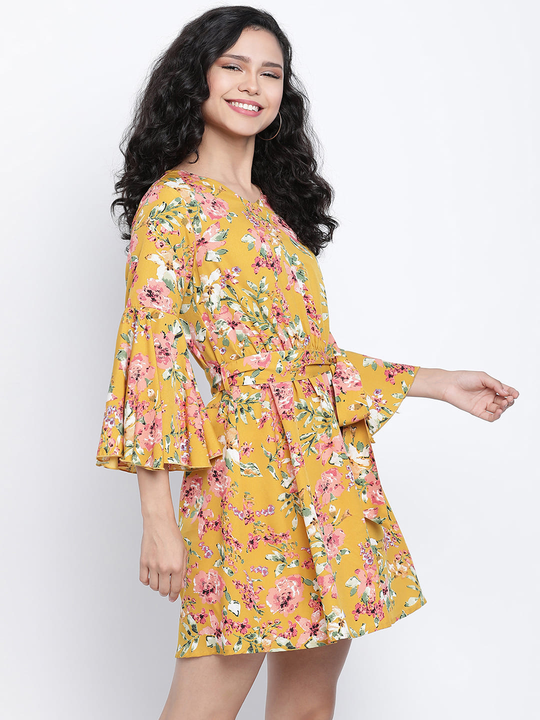 Knee Length,Yellow Dress,Knee Length Dress,V-Neck Dress,Quater Sleeves Dress,Yellow Floral Print Dress