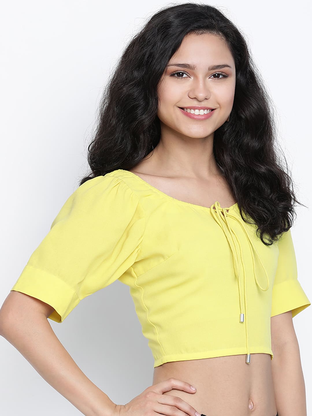 Crop Top,Yellow Top,Crop Top,Round Neck Top,Short Sleeves Top,Yellow Solid Top