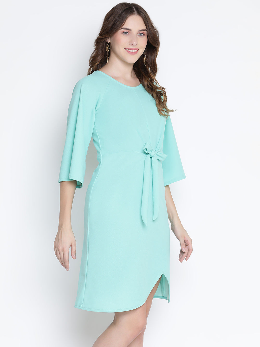 Knee Length,Blue Dress,Knee Length Dress,Round Neck Dress,Quater Sleeves Dress,Blue Solid Dress