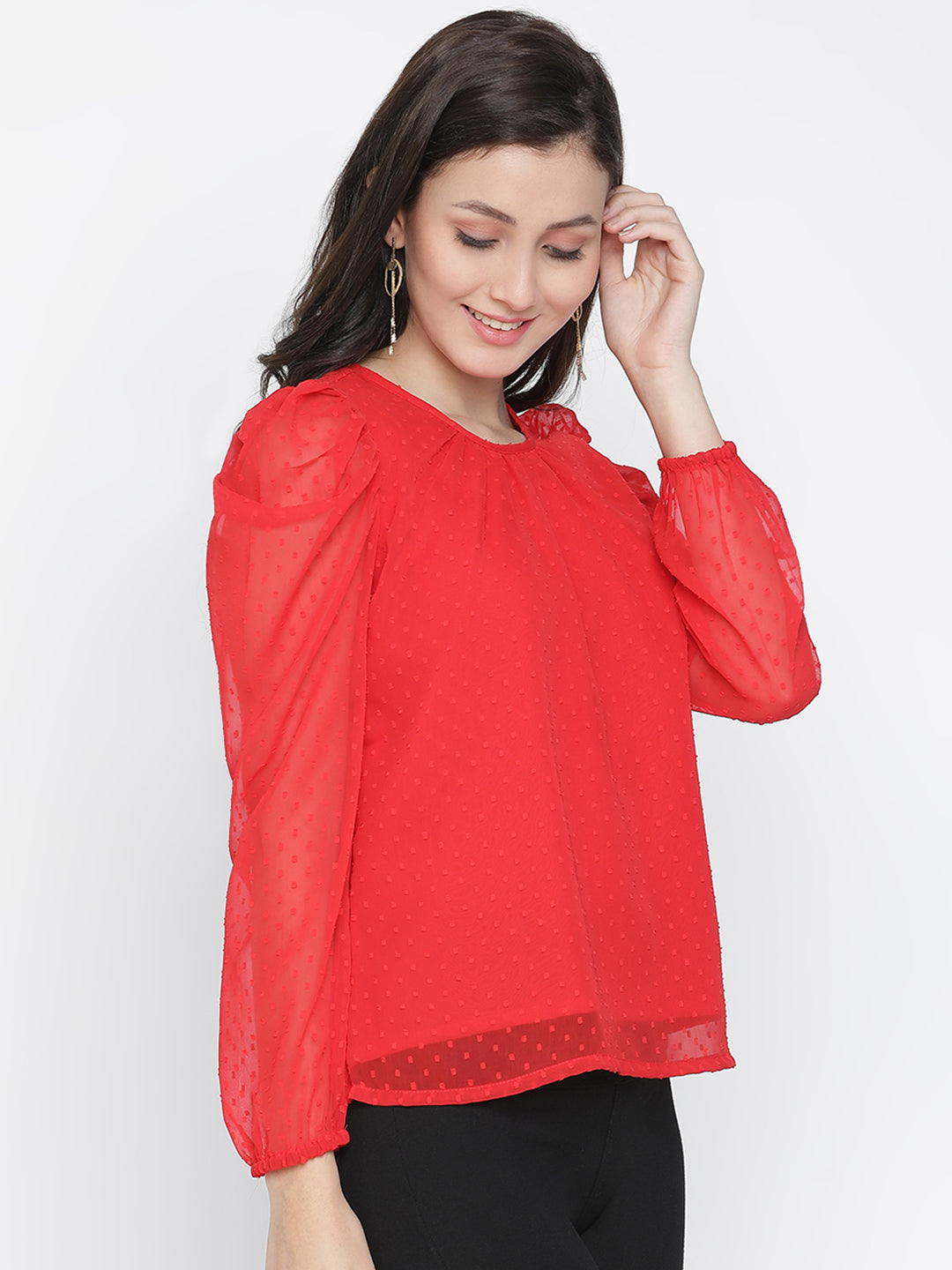 Regular,Red Top,Regular Top,Round Neck Top,Full Sleeves Top,Red Solid Top