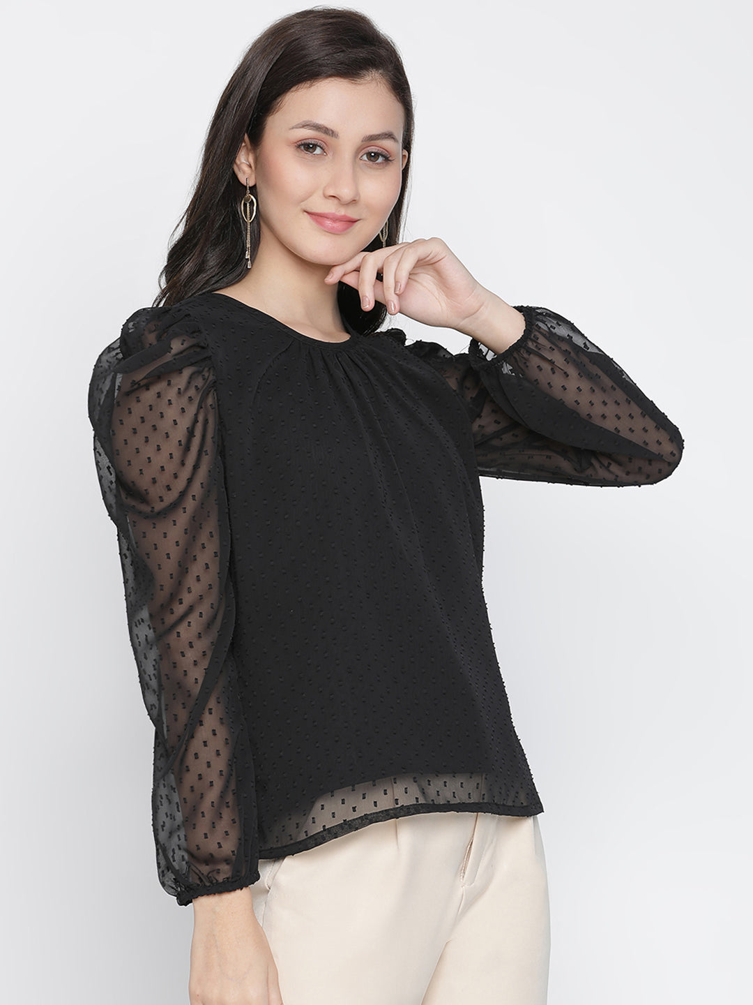 Regular,Black Top,Regular Top,Round Neck Top,Full Sleeves Top,Black Solid Top