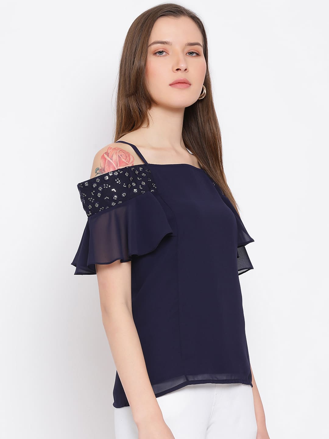 Regular,Blue Top,Regular Top,Off Shoulder Top,Sleeveless Top,Blue Solid Top