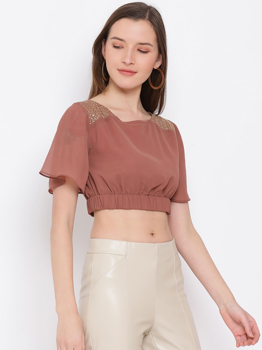 Crop Top,Brown Top,Crop Top,Round Neck Top,Short Sleeves Top,Brown Solid Top