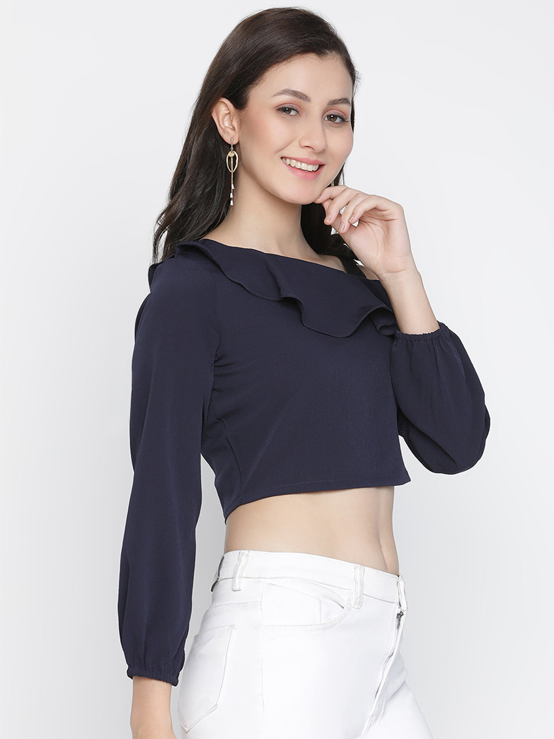 Crop Top,Blue Top,Crop Top,Cold Shoulder Top,Full Sleeves Top,Blue Solid Top