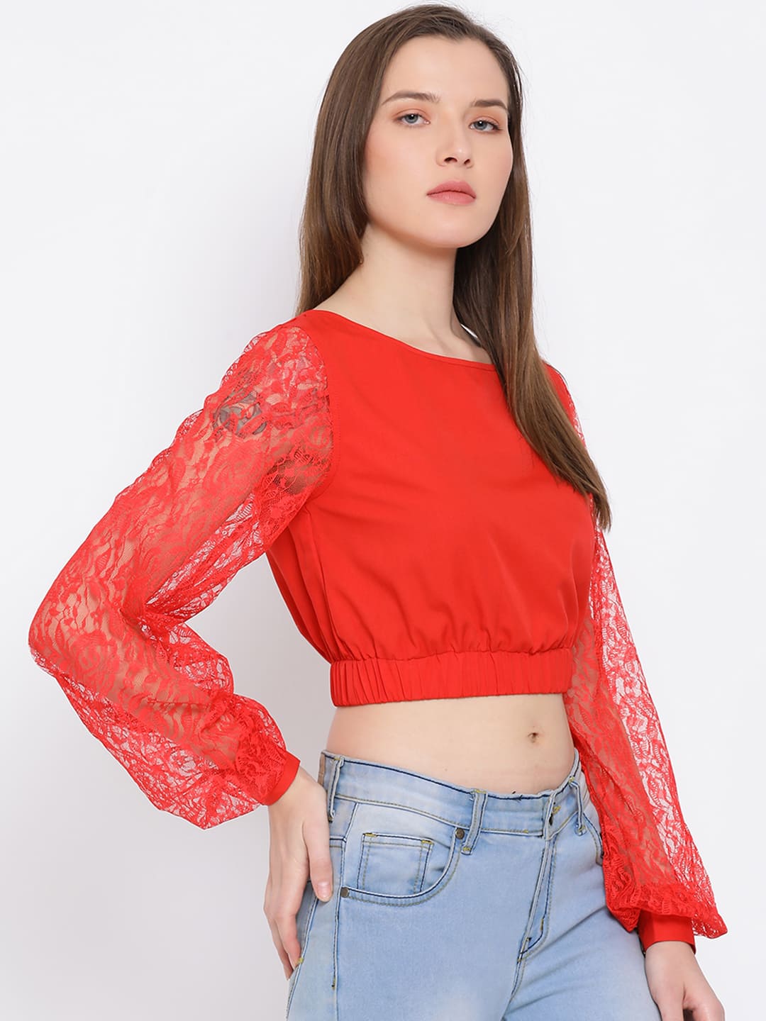 Crop Top,Red Top,Crop Top,Round Neck Top,Full Sleeves Top,Red Solid Top