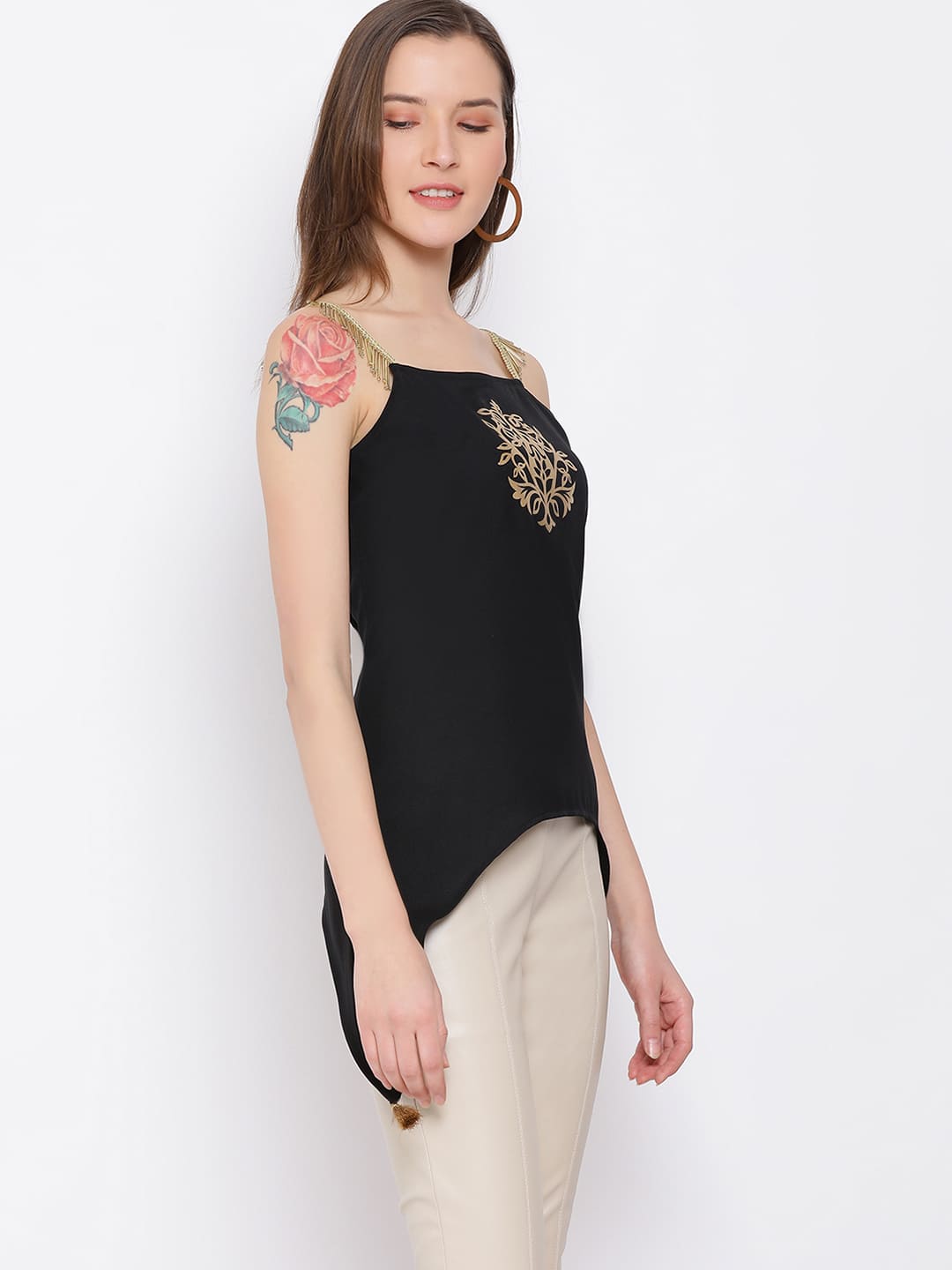 Spaghetti Top,Black Top,Spaghetti Top,Round Neck Top,Sleeveless Top,Black Embellished Top