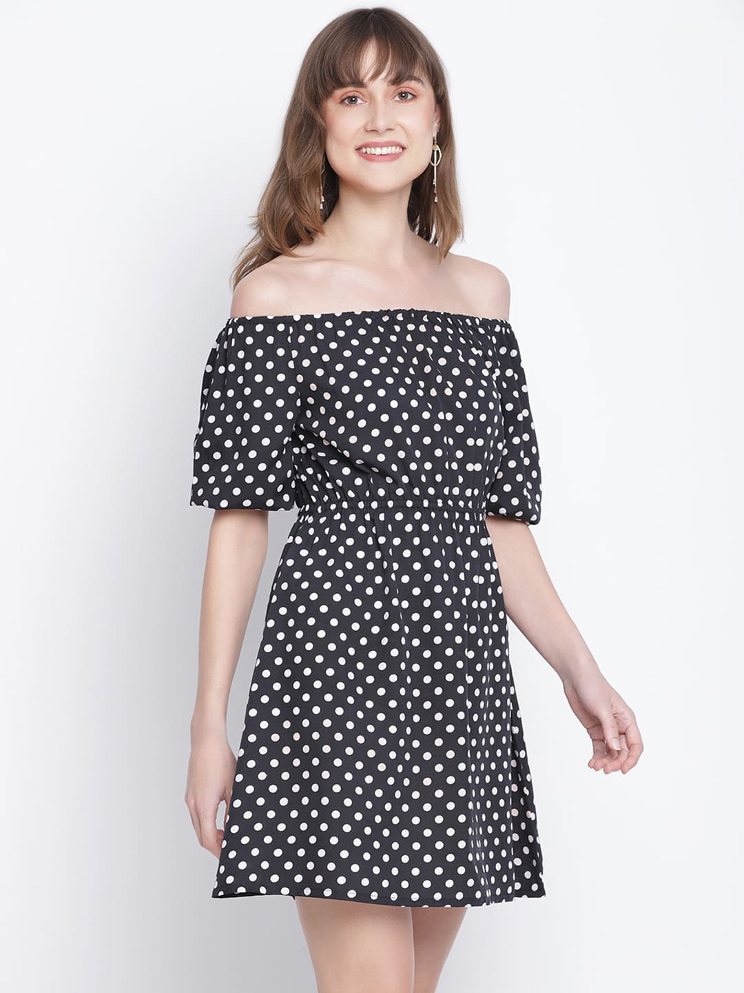 Knee Length,Black Dress,Knee Length Dress,Off Shoulder Dress,Sleeveless Dress,Black Polka Dot Dress