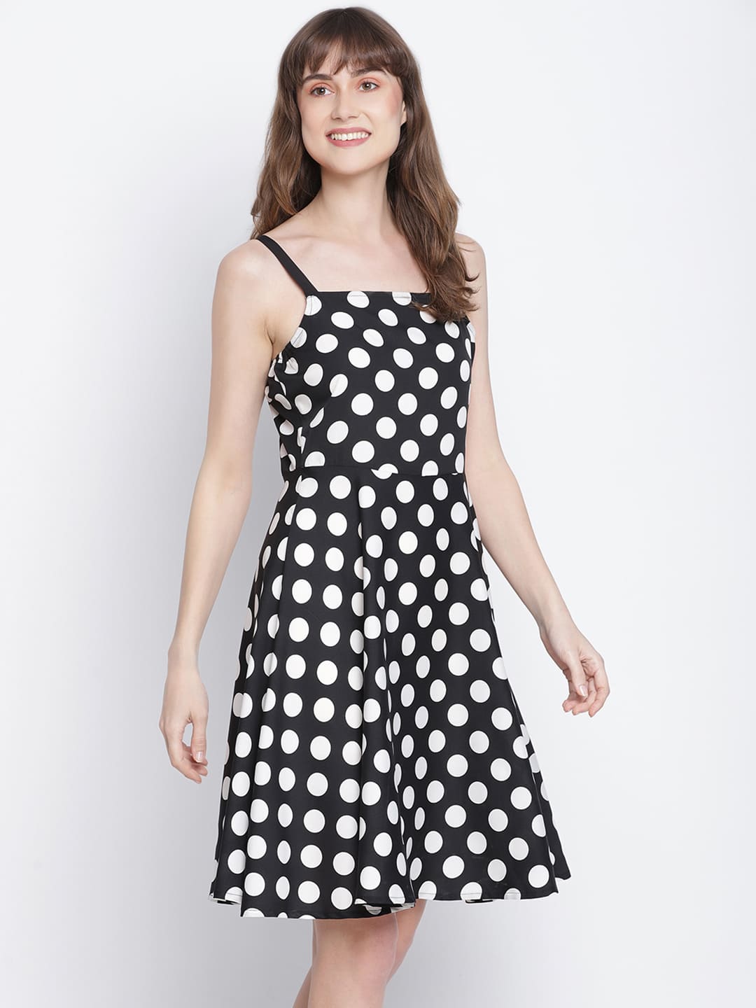 Knee Length,Black Dress,Knee Length Dress,Round Neck Dress,Sleeveless Dress,Black Polka Dot Dress