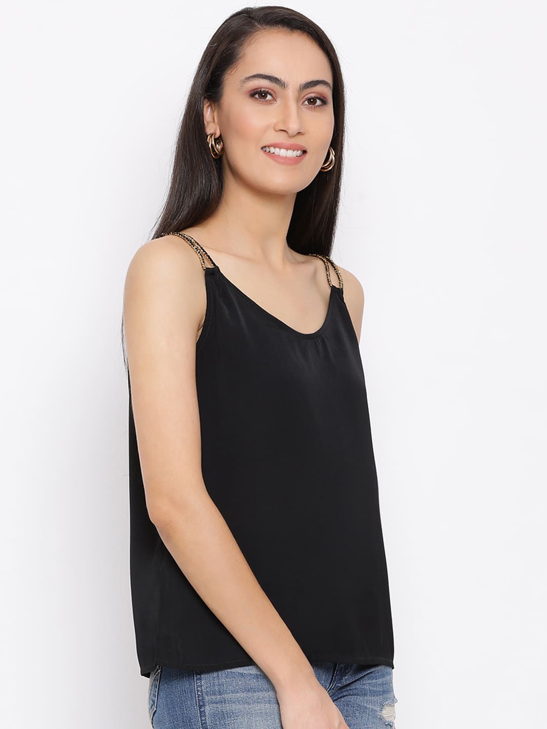 Spaghetti Top,Black Top,Spaghetti Top,Round Neck Top,Sleeveless Top,Black Solid Top