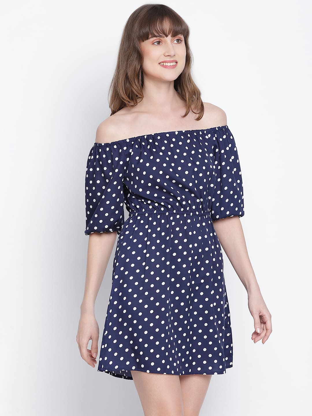 Knee Length,Blue Dress,Knee Length Dress,Off Shoulder Dress,Sleeveless Dress,Blue Polka Dots Dress