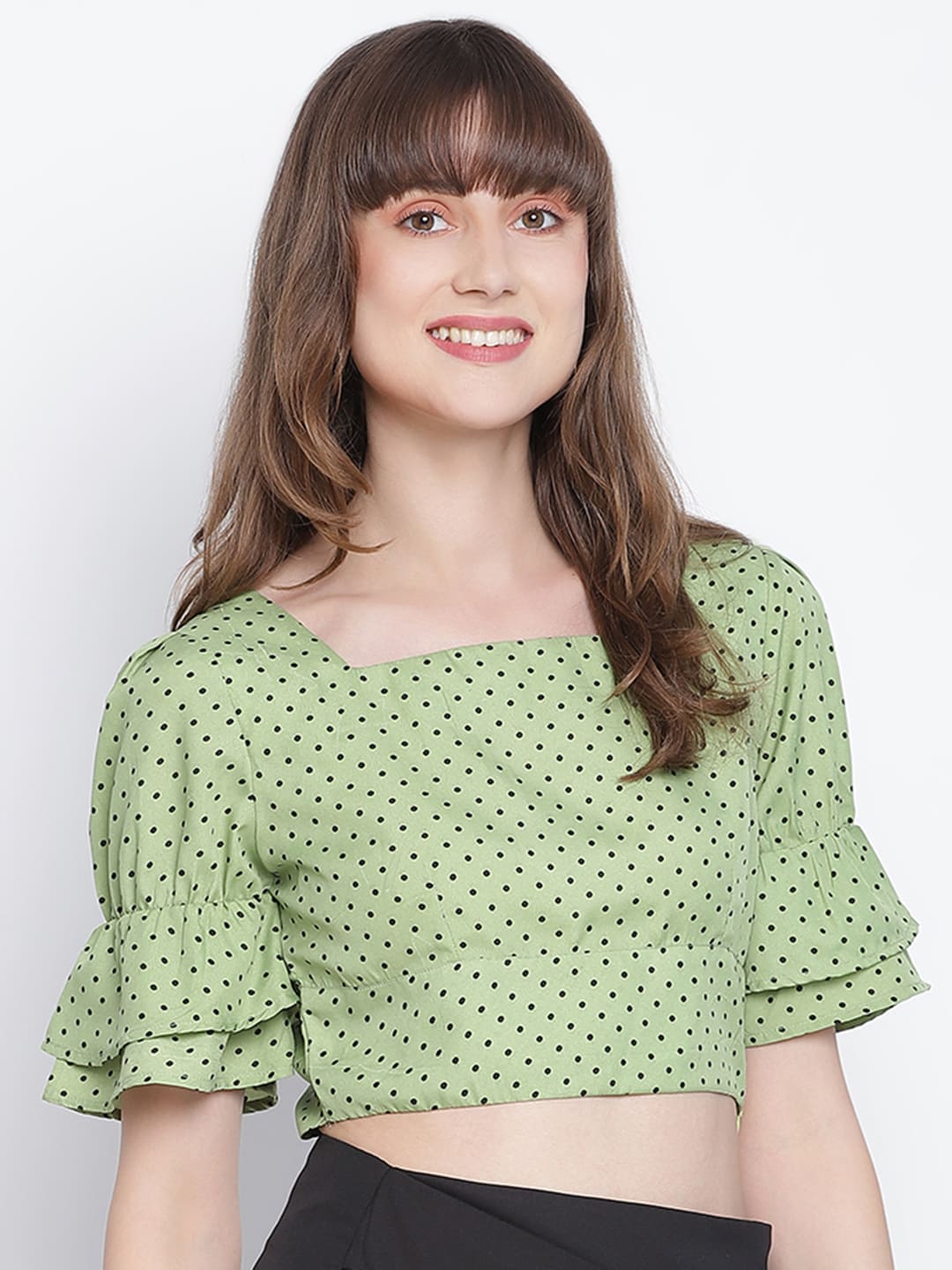 Crop Top,Green Top,Crop Top,Square Neck Top,Short Sleeves Top,Green Polka Dots Top