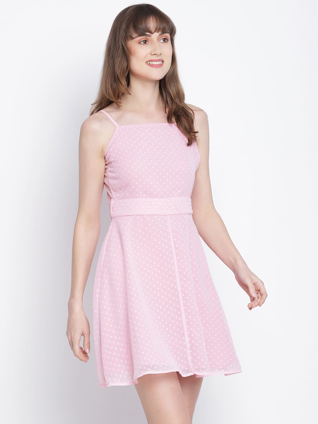 Knee Length,Pink Dress,Knee Length Dress,Round Neck Dress,Sleeveless Dress,Pink Solid Dress