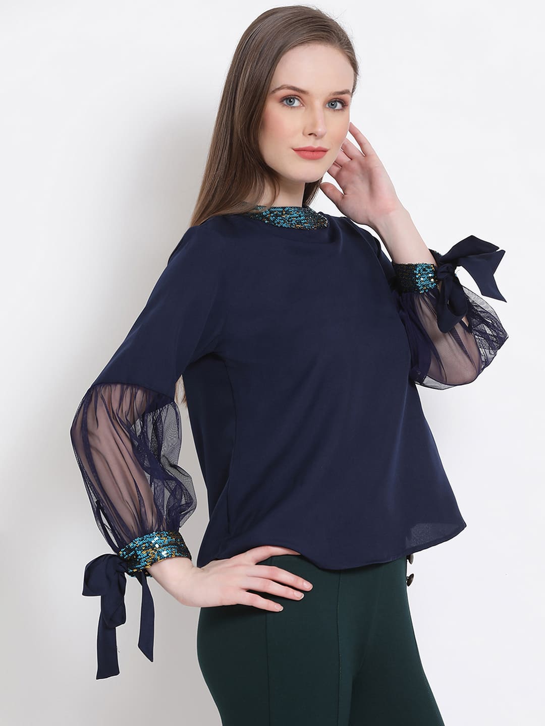 Regular,Blue Top,Regular Top,Round Neck Top,Full Sleeves Top,Blue Solid Top