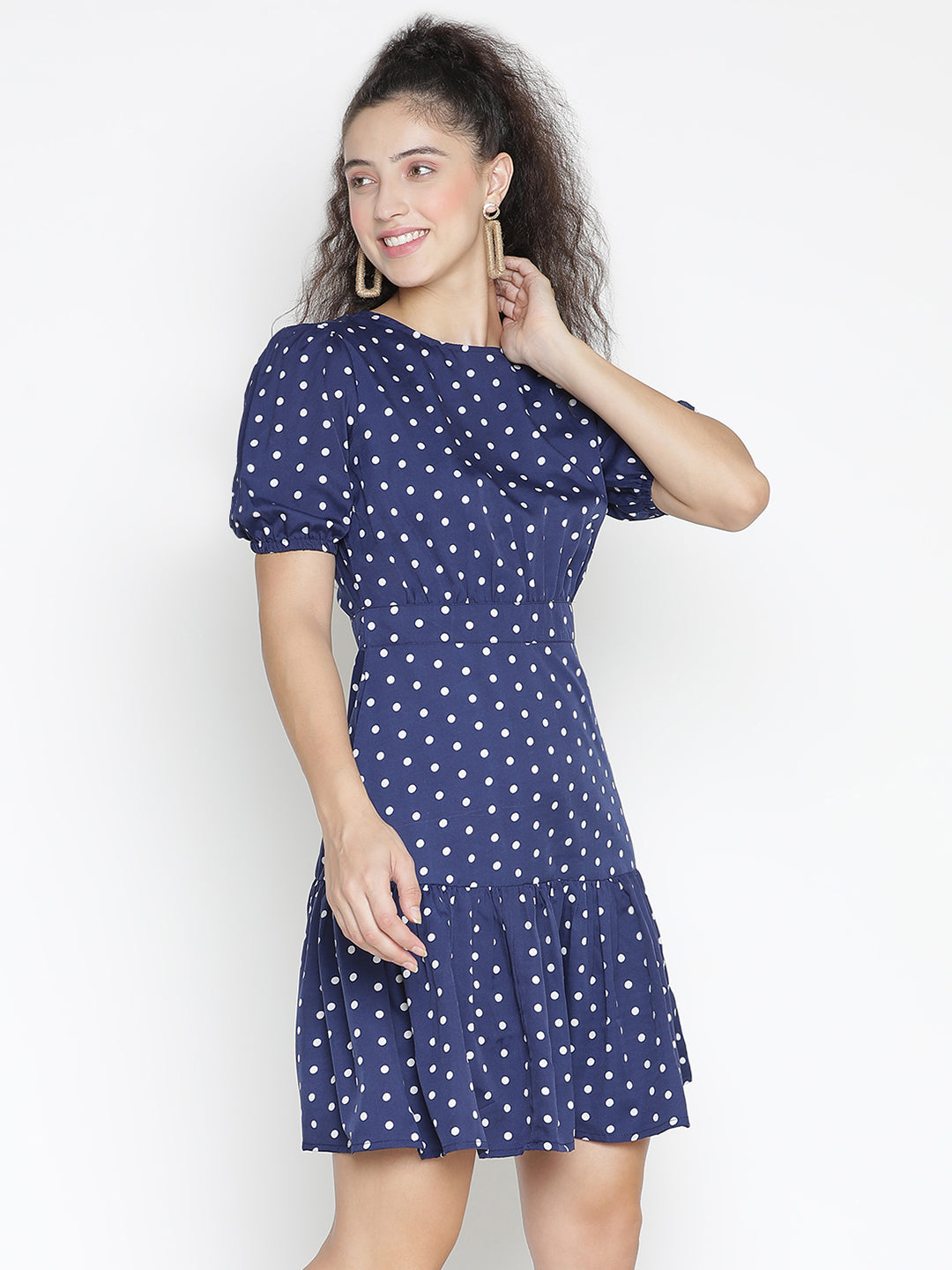 Knee Length,Blue Dress,Knee Length Dress,Round Neck Dress,Short Sleeves Dress,Blue Polka Dot Dress