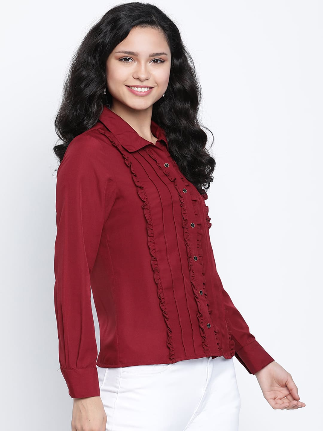 Regular,Maroon Top,Regular Top,Collared Neck Top,Full Sleeves Top,Maroon Solid Top