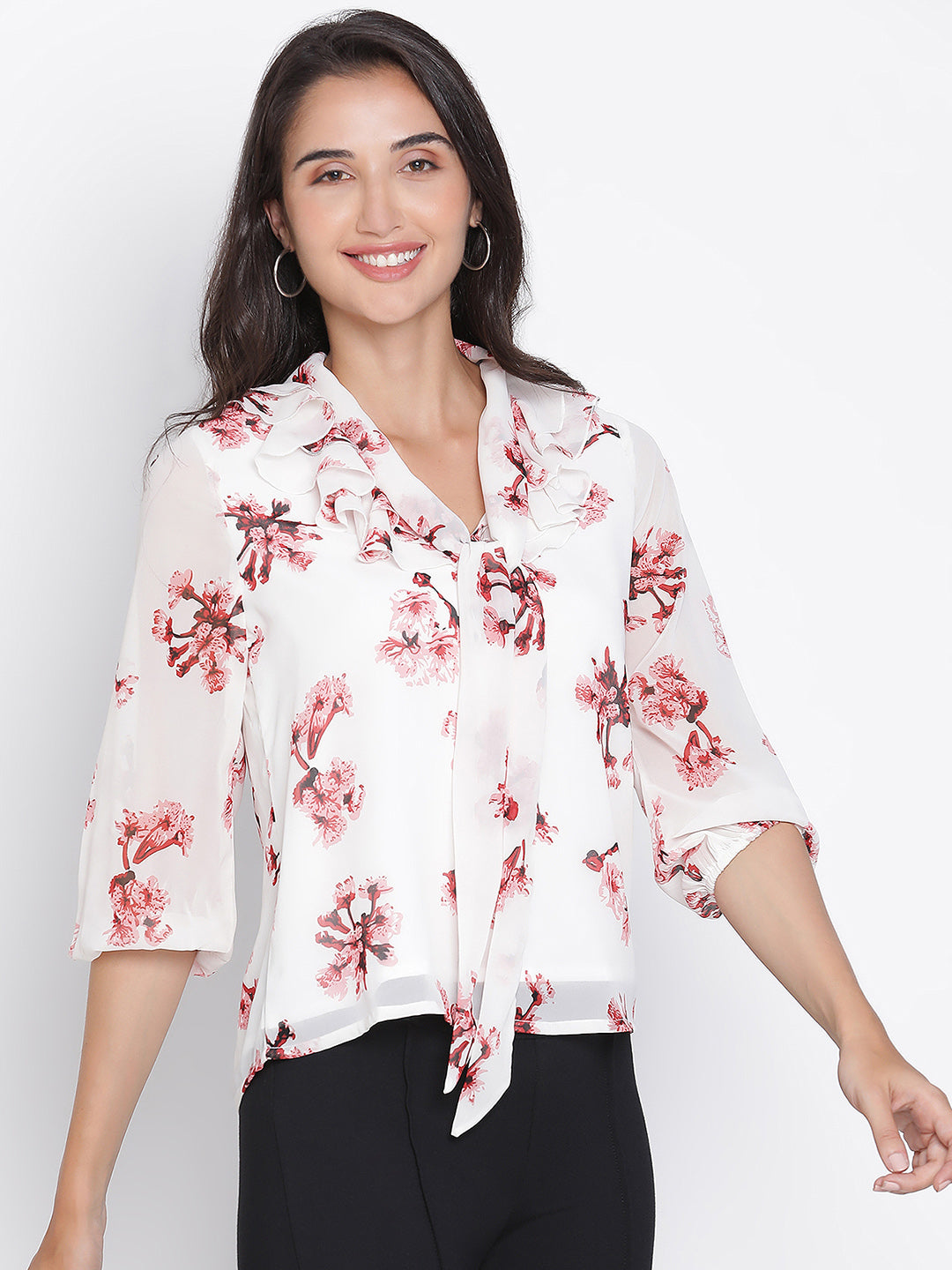 Regular,White Top,Regular Top,V-Neck Top,Quater Sleeves Top,White Floral Print Top