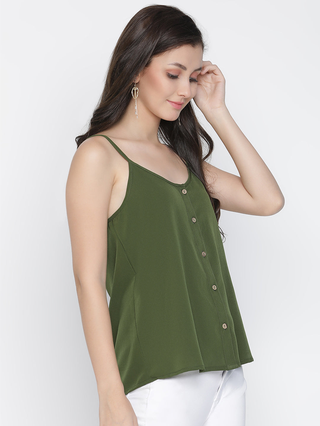 Spaghetti Top,Green Top,Spaghetti Top,Round Neck Top,Sleeveless Top,Green Solid Top