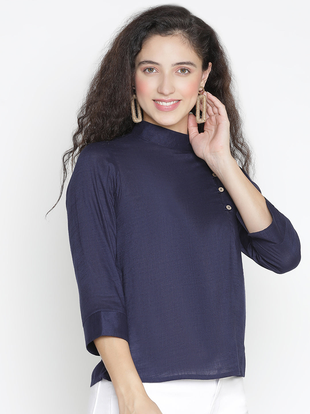 Regular,Blue Top,Regular Top,Collared Neck Top,Quater Sleeves Top,Blue Solid Top