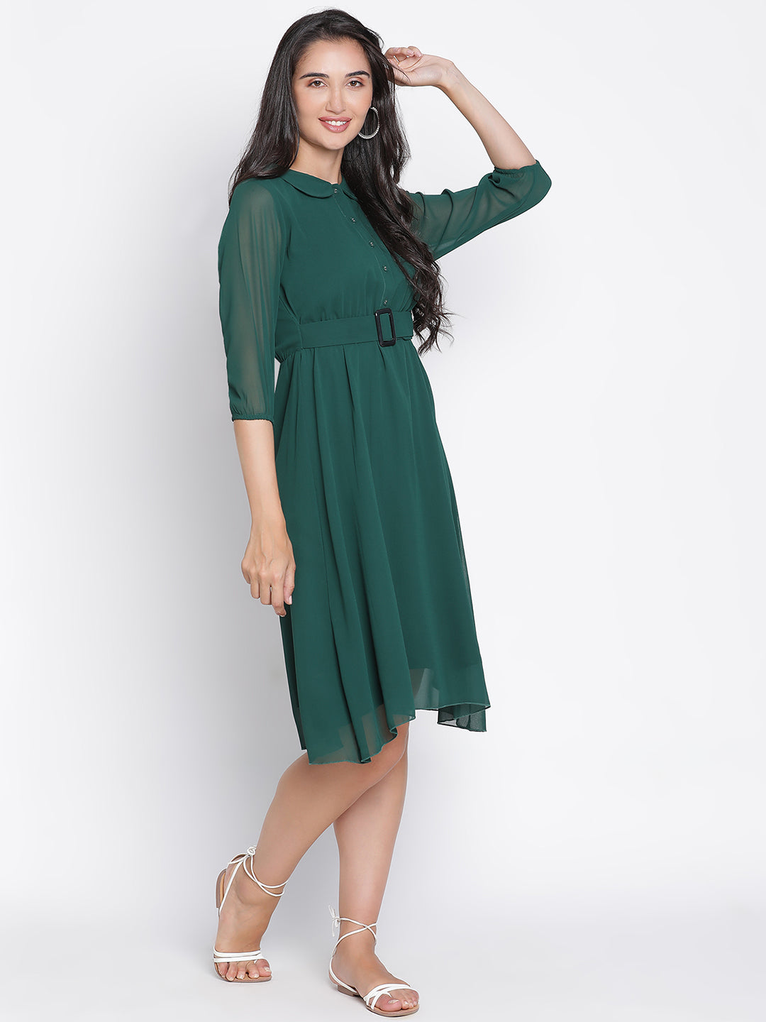 Knee Length,Green Dress,Knee Length Dress,Collared Neck Dress,Quater Sleeves Dress,Green Solid Dress