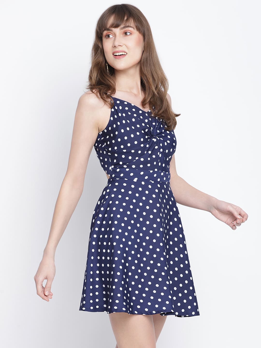 Knee Length,Blue Dress,Knee Length Dress,V-Neck Dress,Sleeveless Dress,Blue Polka Dot Dress