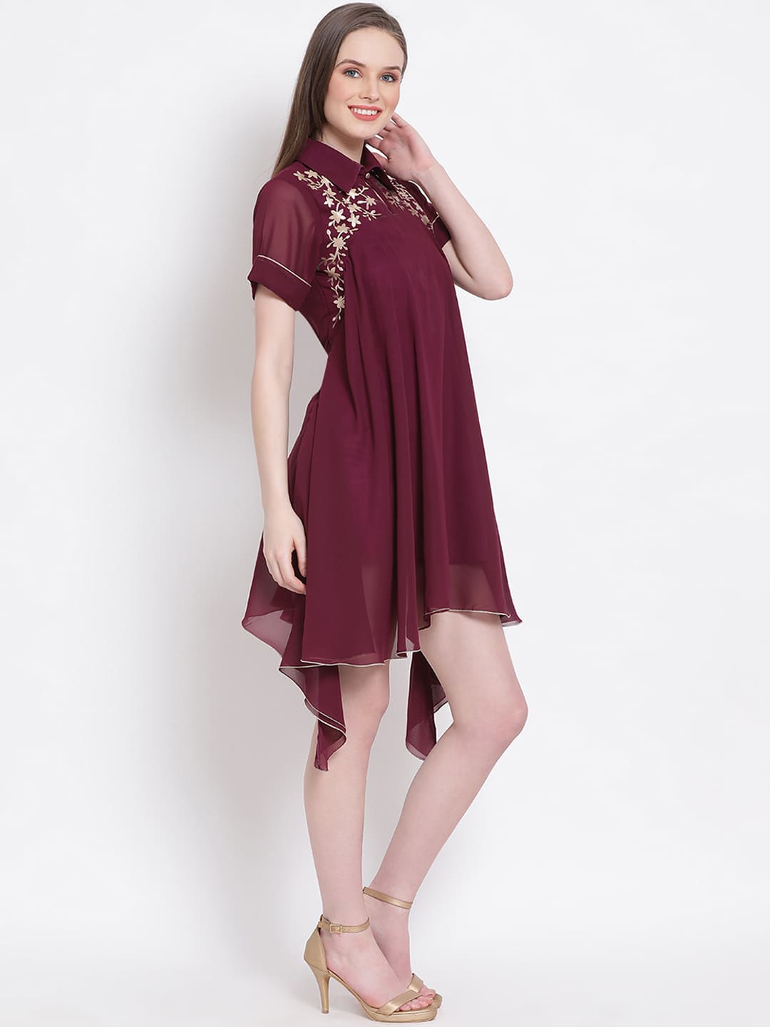 Above Knee,Maroon Dress,Above Knee Dress,Collared Neck Dress,Short Sleeves Dress,Maroon Embellished Dress