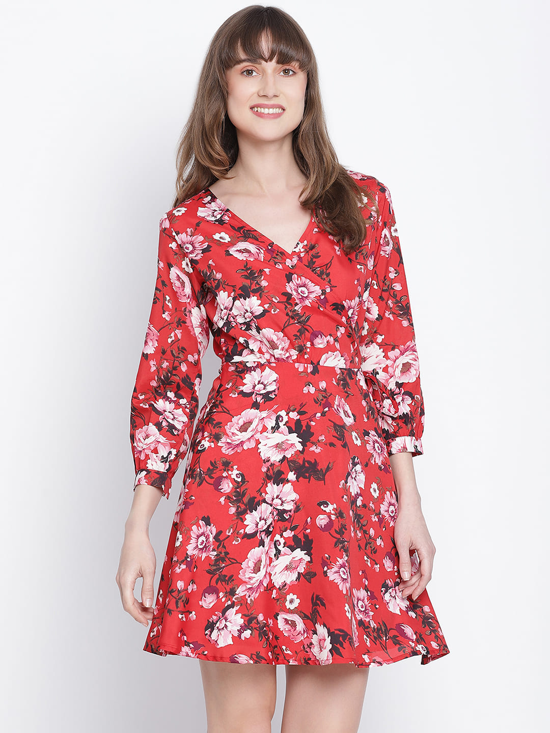 Knee Length,Red Dress,Knee Length Dress,V-Neck Dress,Quater Sleeves Dress,Red Floral Print Dress