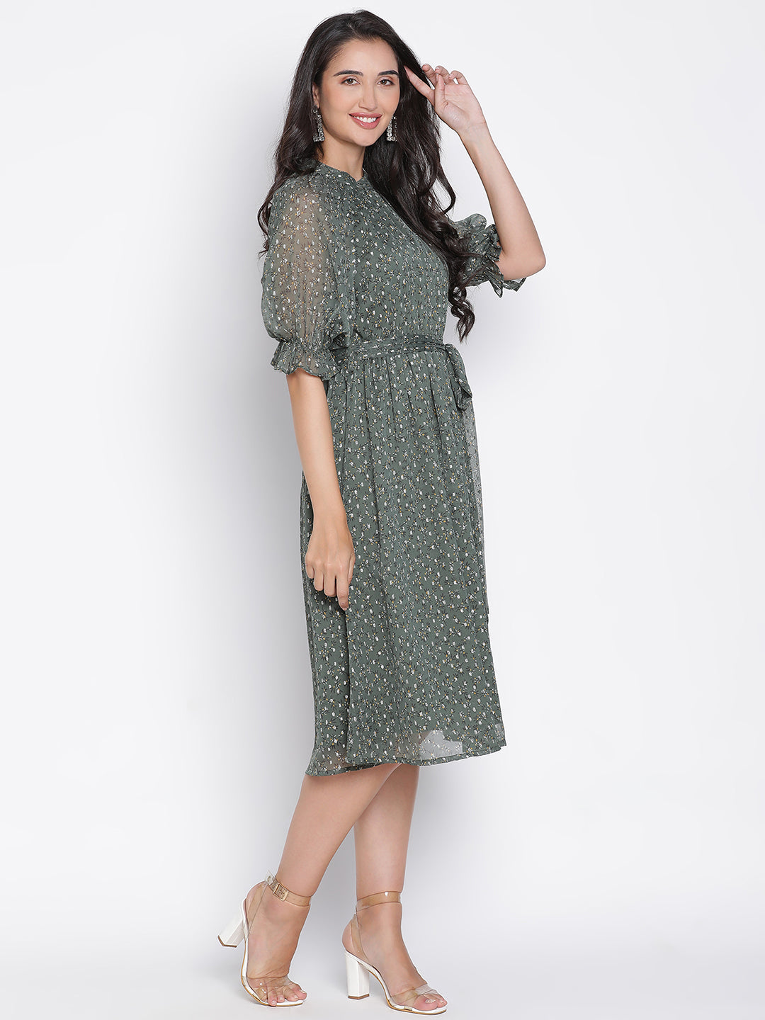 Knee Length,Green Dress,Knee Length Dress,Round Neck Dress,Short Sleeves Dress,Green Printed Dress