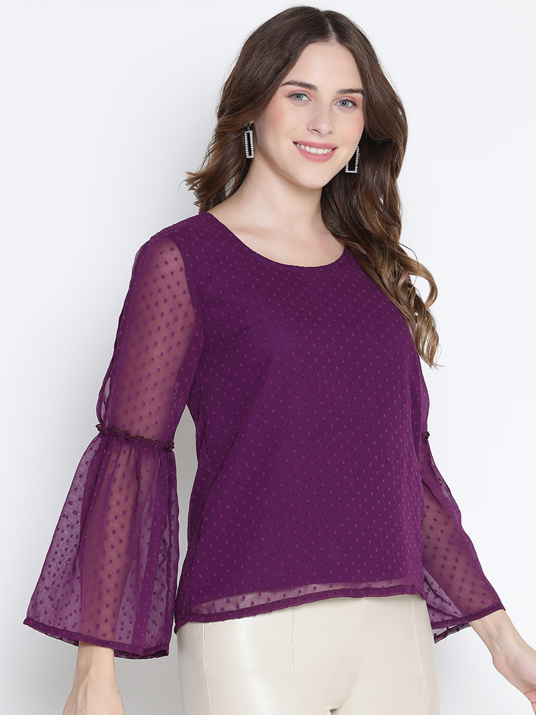 Regular,Purple Top,Regular Top,Round Neck Top,Full Sleeves Top,Purple Solid Top