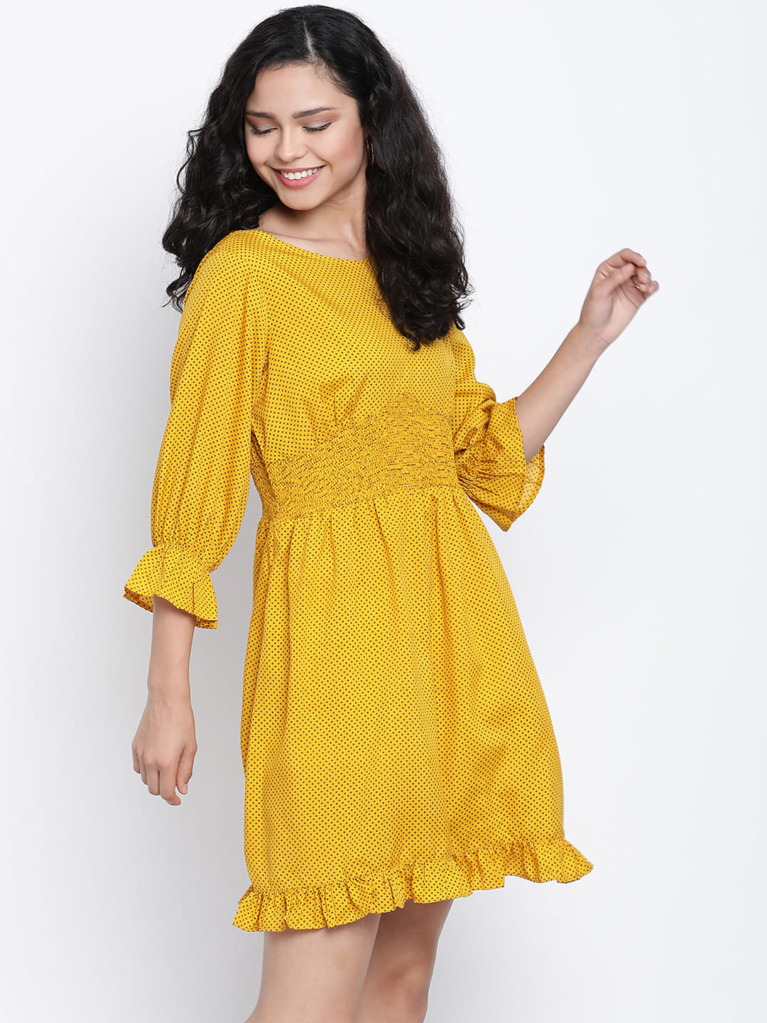 Knee Length,Yellow Dress,Knee Length Dress,Round Neck Dress,Quater Sleeves Dress,Yellow Solid Dress