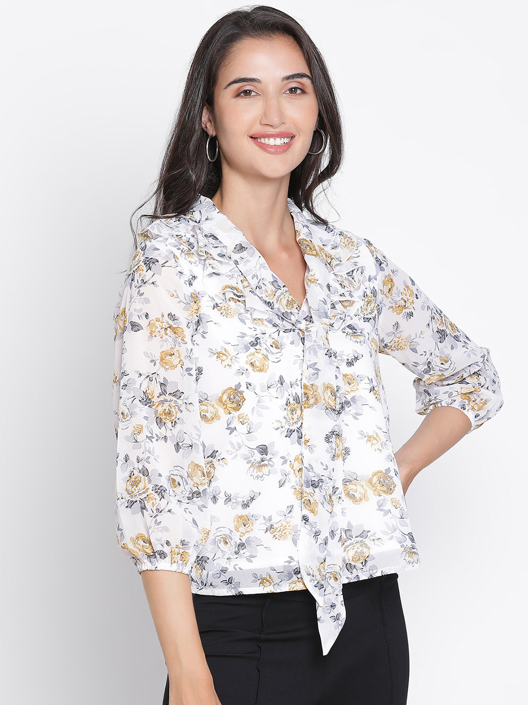 Regular,Multicolor Top,Regular Top,V-Neck Top,Quater Sleeves Top,Multi Floral Print Top