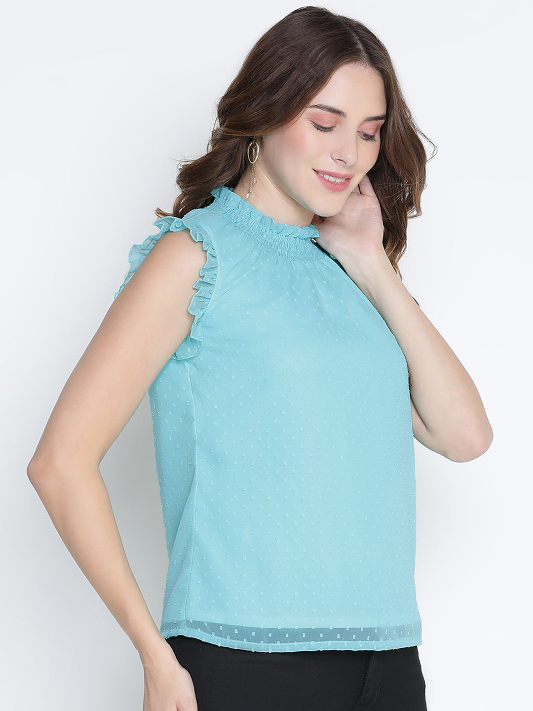 Regular,Blue Top,Regular Top,Round Neck Top,Sleeveless Top,Blue Solid Top