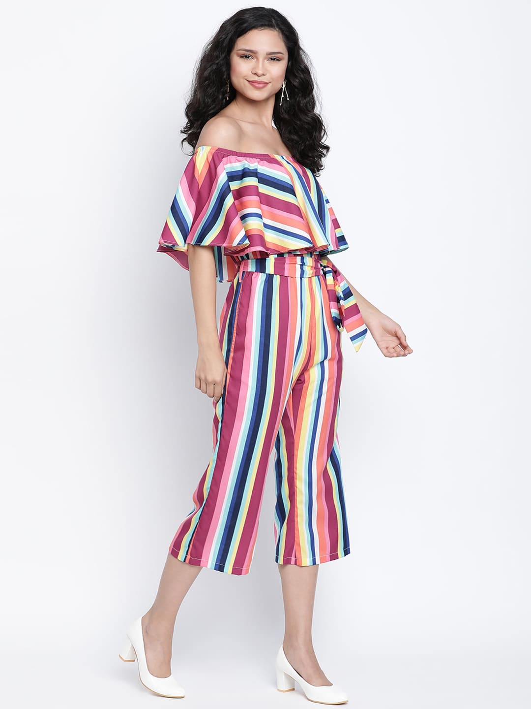 Ankle Length,Multicolor Jumpsuit,Ankle Length Jumpsuit,Off Shoulder Jumpsuit,Sleeveless Jumpsuit,Multi Stripes Jumpsuit