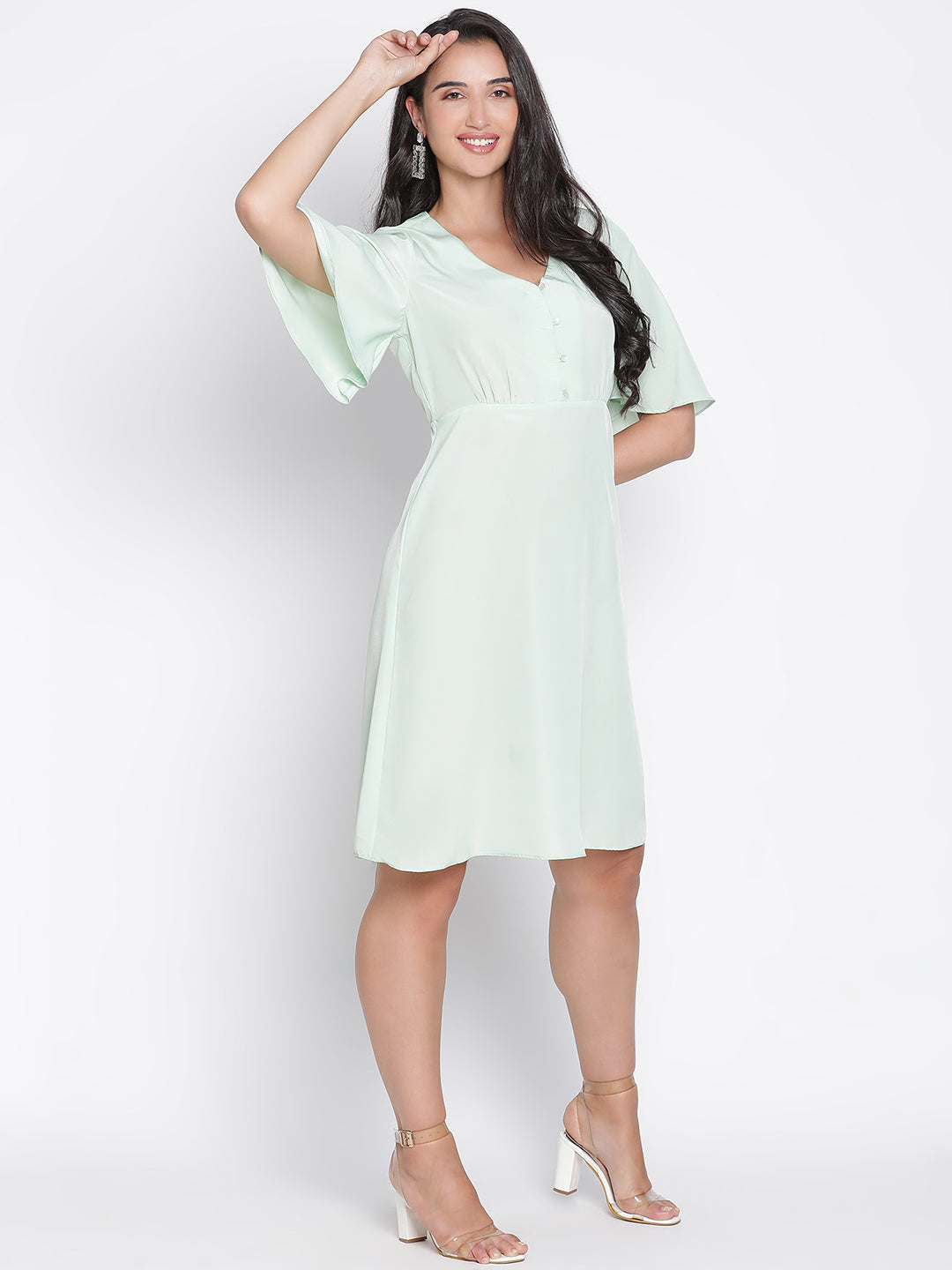 Knee Length,Green Dress,Knee Length Dress,V-Neck Dress,Short Sleeves Dress,Green Solid Dress