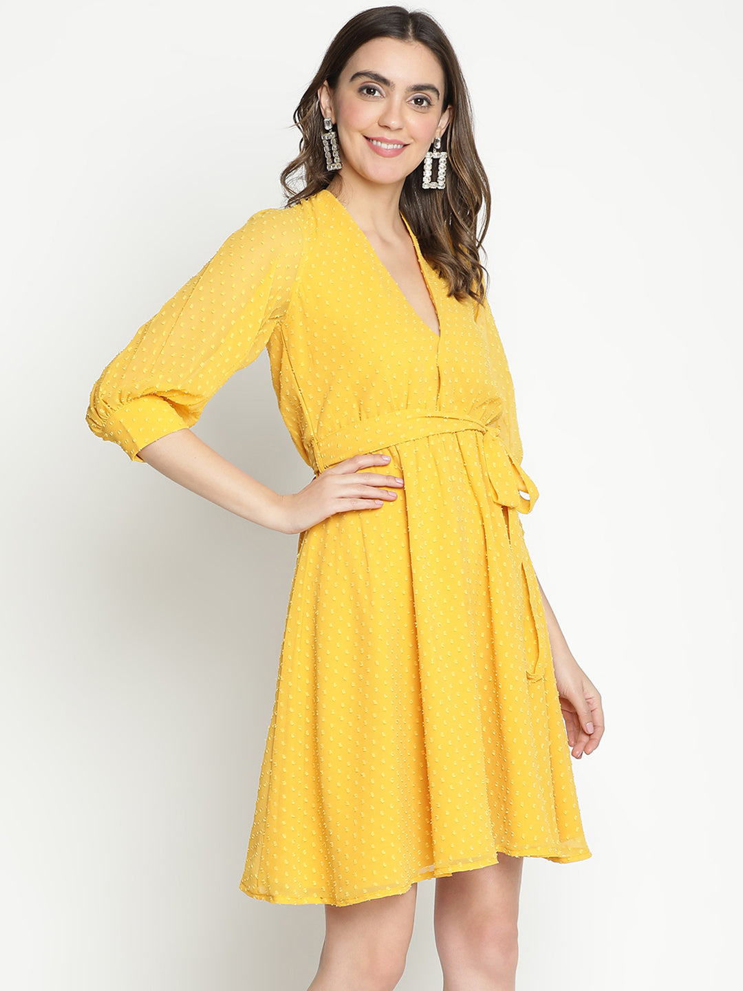 Knee Length,Yellow Dress,Knee Length Dress,V-Neck Dress,Quater Sleeves Dress,Yellow Solid Dress