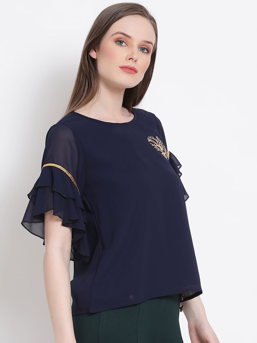 Regular,Blue Top,Regular Top,Round Neck Top,Short Sleeves Top,Blue Embellished Top