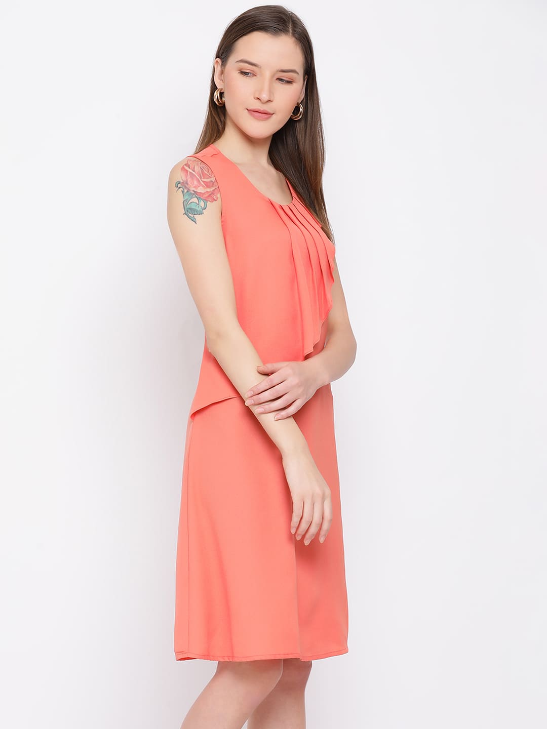 Knee Length,Orange Dress,Knee Length Dress,Round Neck Dress,Sleeveless Dress,Orange Solid Dress