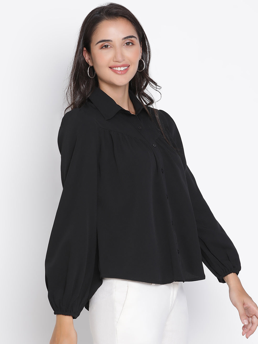 Regular,Black Top,Regular Top,Collared Neck Top,Full Sleeves Top,Black Solid Top