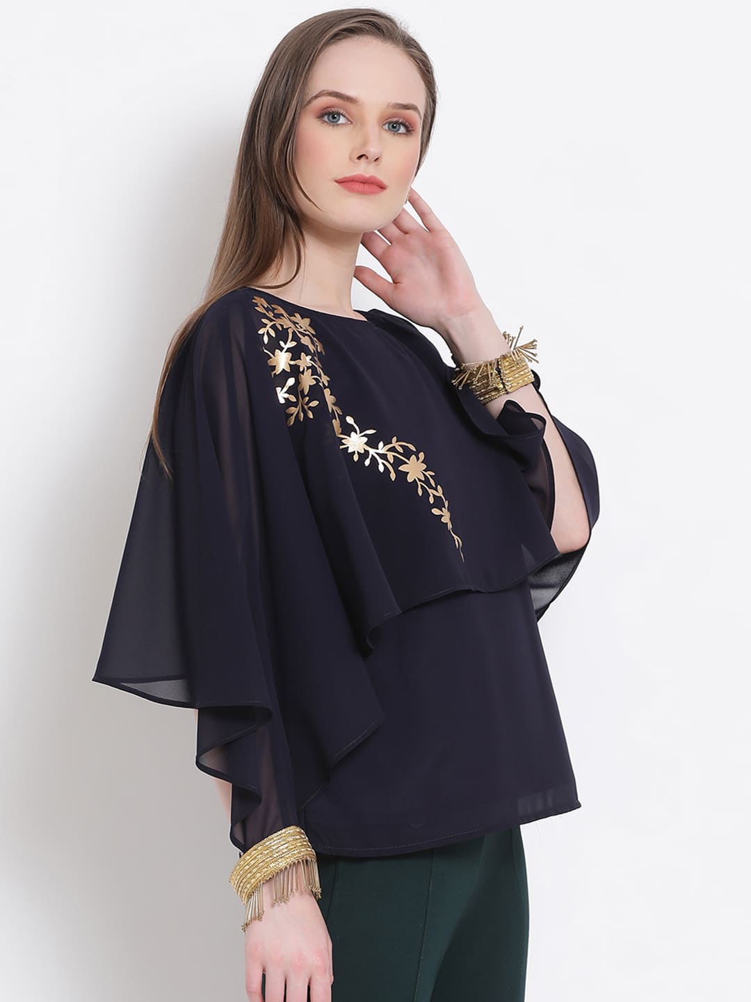 Regular,Blue Top,Regular Top,Round Neck Top,Quater Sleeves Top,Blue Embellished Top