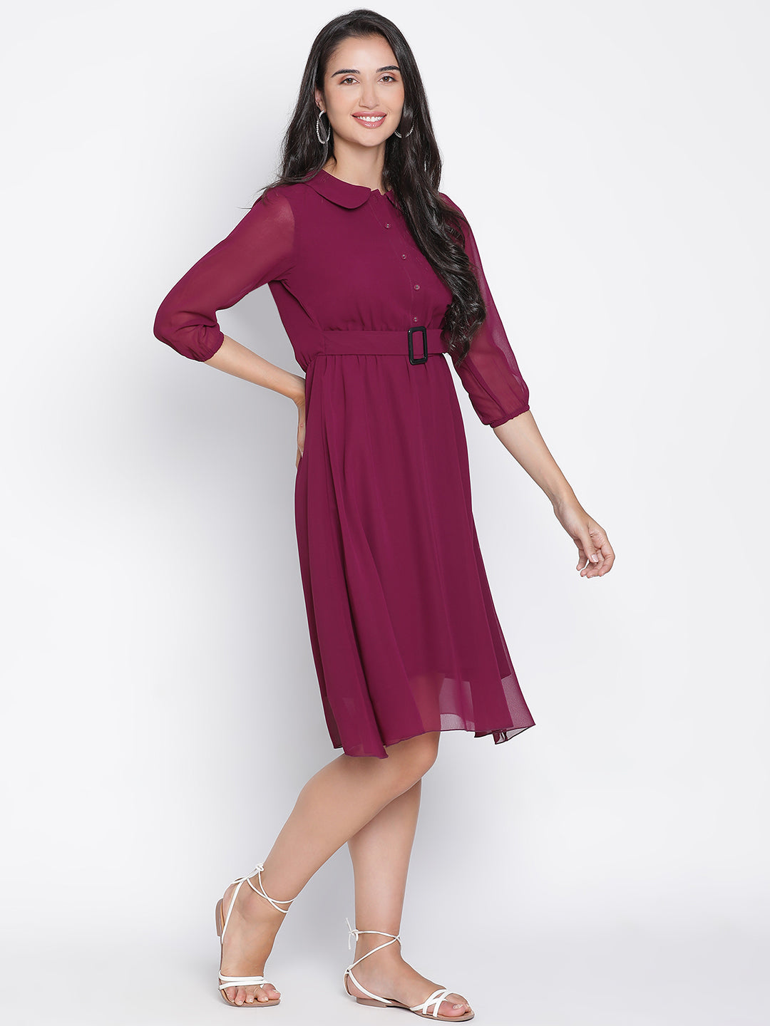 Knee Length,Maroon Dress,Knee Length Dress,Collared Neck Dress,Quater Sleeves Dress,Maroon Solid Dress