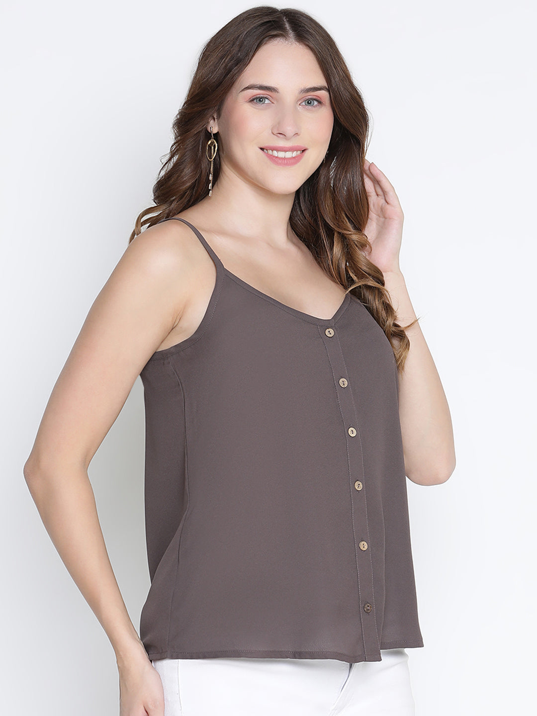 Spaghetti Top,Grey Top,Spaghetti Top,V-Neck Top,Sleeveless Top,Grey Solid Top