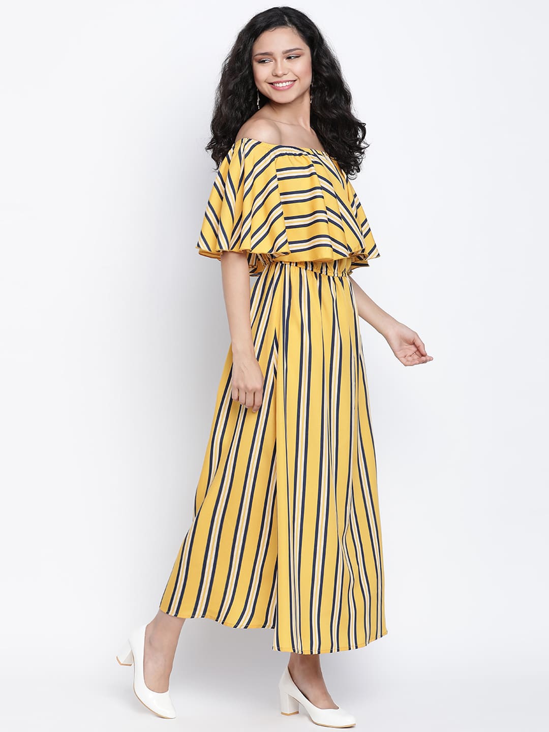 Midi,Yellow Dress,Midi Dress,Off Shoulder Dress,Sleeveless Dress,Yellow Stripes Dress