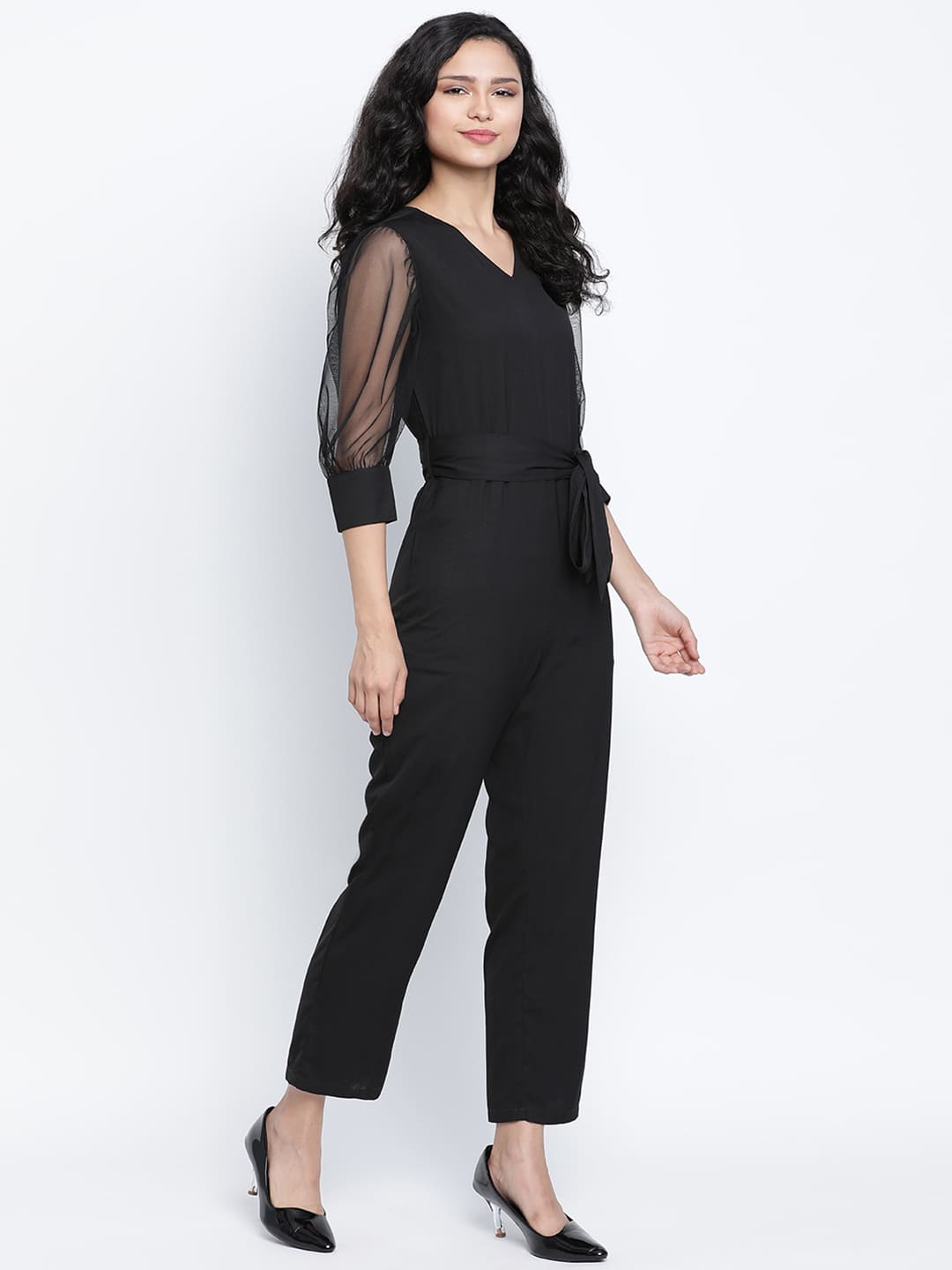 Ankle Length,Black Jumpsuit,Ankle Length Jumpsuit,V-Neck Jumpsuit,Quater Sleeves Jumpsuit,Black Solid Jumpsuit