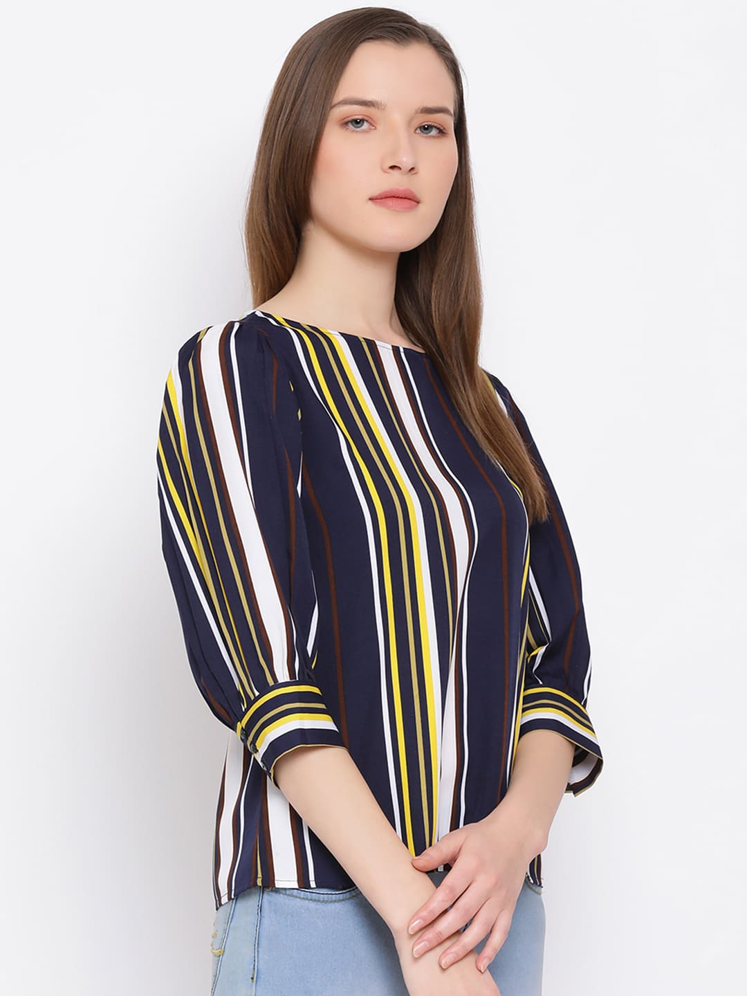 Regular,Blue Top,Regular Top,Round Neck Top,Full Sleeves Top,Blue Stripes Top