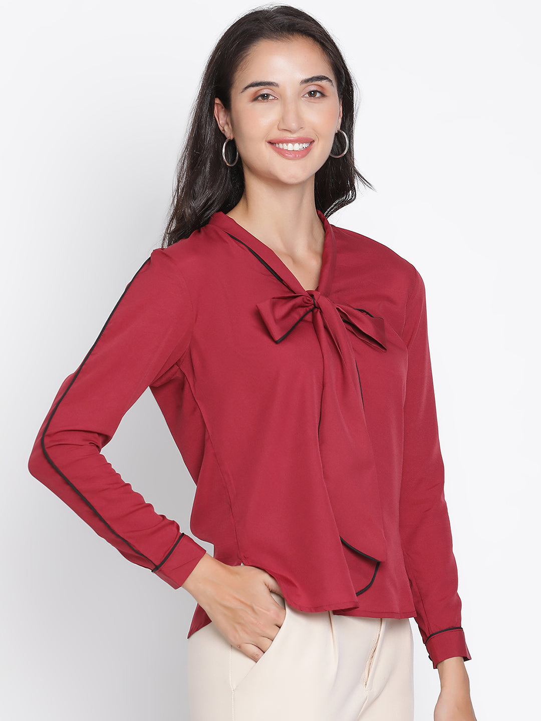 Regular,Maroon Top,Regular Top,V-Neck Top,Full Sleeves Top,Maroon Solid Top