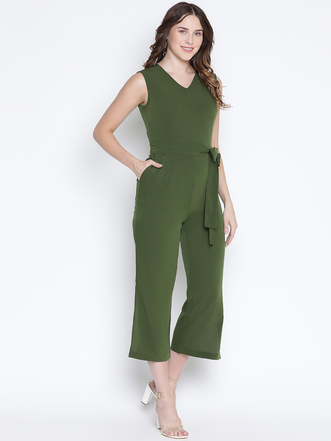 Ankle Length,Green Jumpsuit,Ankle Length Jumpsuit,V-Neck Jumpsuit,Short Sleeves Jumpsuit,Green Solid Jumpsuit