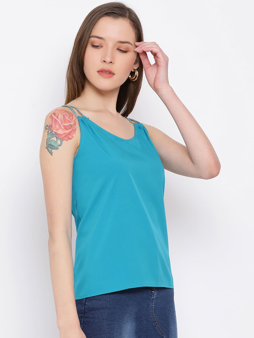 Spaghetti Top,Blue Top,Spaghetti Top,Round Neck Top,Sleeveless Top,Blue Solid Top