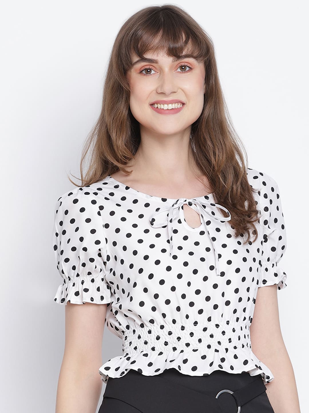 Crop Top,White Top,Crop Top,Round Neck Top,Short Sleeves Top,White Polka Dot Top