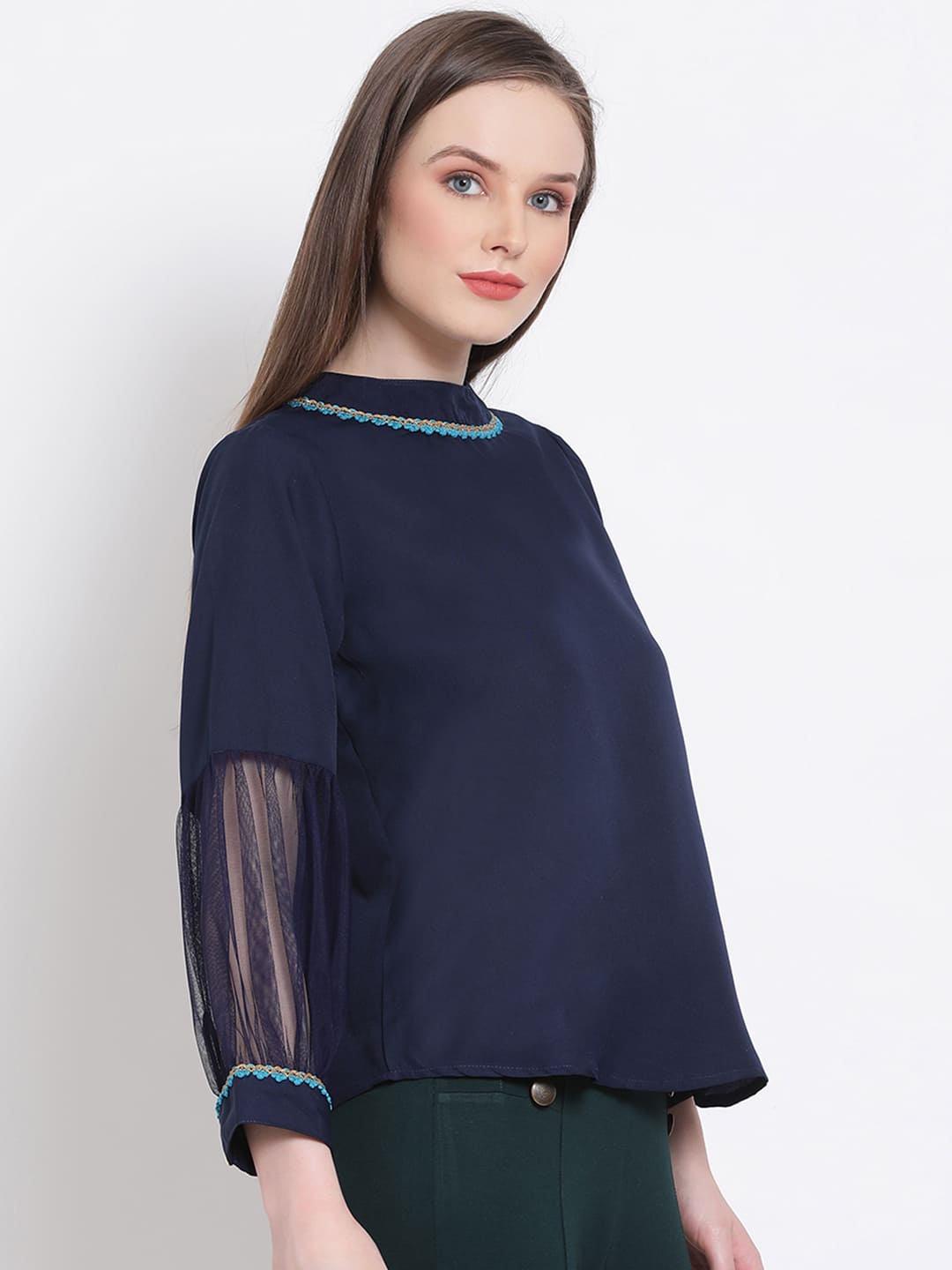 Regular,Blue Top,Regular Top,Round Neck Top,Full Sleeves Top,Blue Solid Top