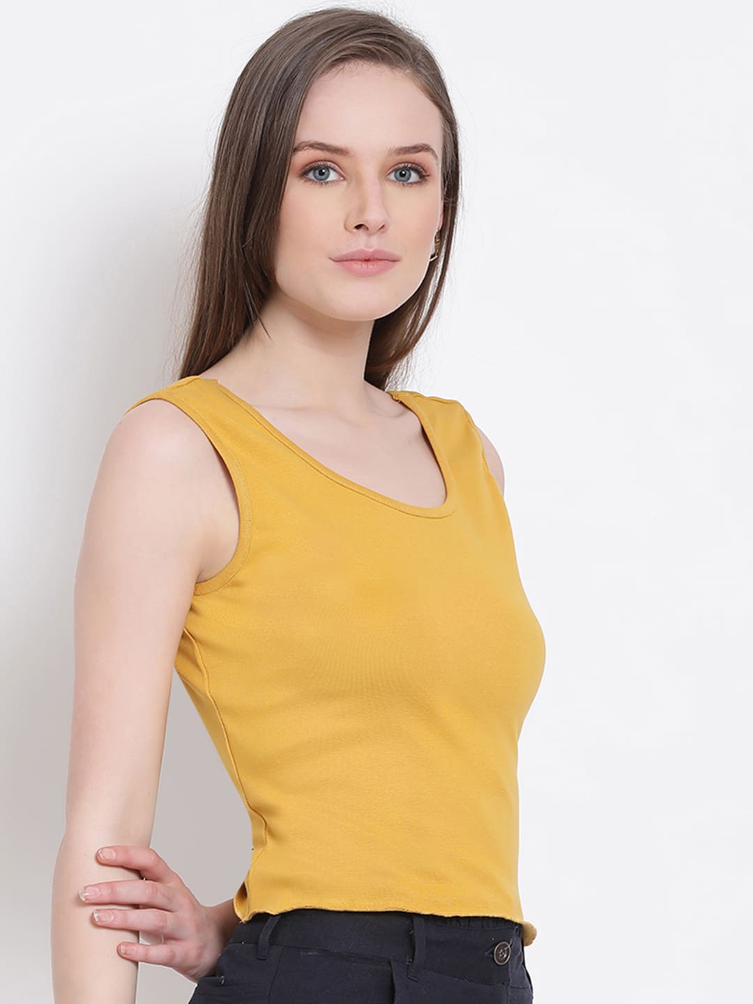 Crop Top,Yellow Top,Crop Top,Round Neck Top,Sleeveless Top,Yellow Solid Top