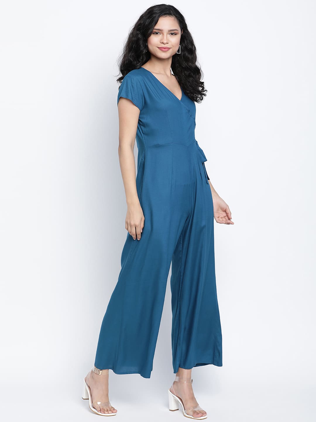 Ankle Length,Blue Jumpsuit,Ankle Length Jumpsuit,V-Neck Jumpsuit,Short Sleeves Jumpsuit,Blue Solid Jumpsuit